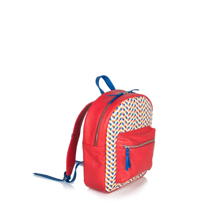 Woven Leather Mini Backpack - Red with Royal Blue Trim (Kids Backpack) - Backpack Made in USA | Made By Alex
